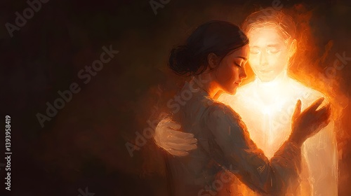 Emotional embrace ethereal space digital artwork intimate environment close-up view connection and love