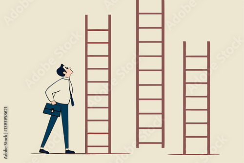 Choosing success ladder, difference career path, opportunity or various choices, challenge to choose best option, climb up ladder of success concept, businessman thinking to choose the right ladder.