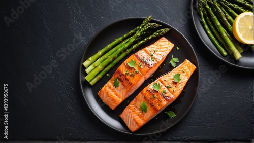 Grilled Salmon Fillets with Asparagus and Lemon Wedge Served on Black Plates, Set Against a Dark Background.