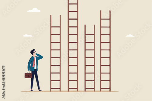 Choosing success ladder, difference career path, opportunity or various choices, challenge to choose best option, climb up ladder of success concept, businessman thinking to choose the right ladder.
