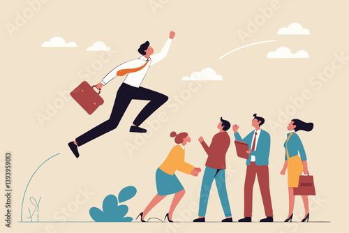 Career competition, job promotion or selfish colleagues jump over other people to get to goal, take advantage of coworker to success, selfish businessman jump over other people to achieve target.