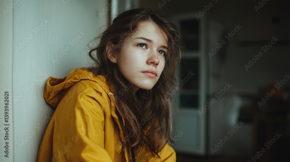 Fototapeta premium 視線の先に想いを感じさせる、窓辺で佇む女性のリアルポートレート、写実的な肌のトーンと髪の陰影が美しい高解像度素材