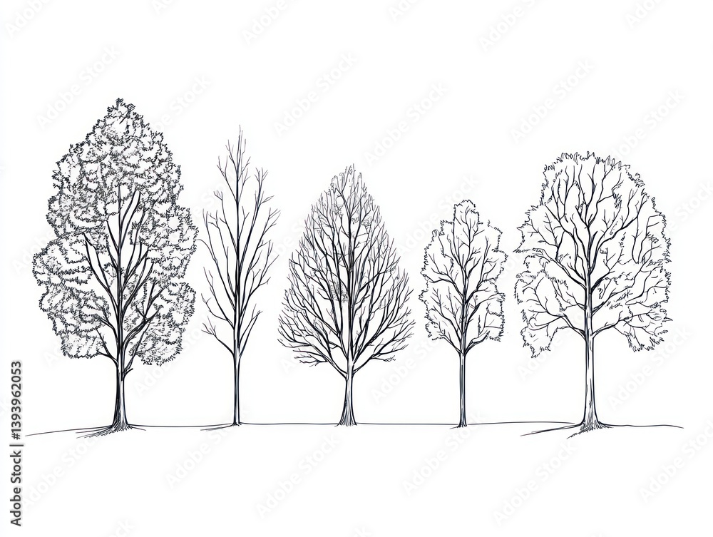 Fototapeta premium Five bare trees winter line drawing, nature illustration, landscape design