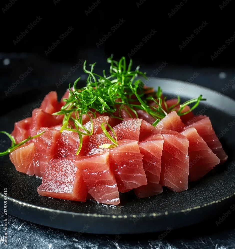 Delicious Tuna Sashimi Cubes Garnished with Fresh Greens on Black Plate Delicious Tuna Sashimi Cubes Garnished with Fresh Greens on Black Plate