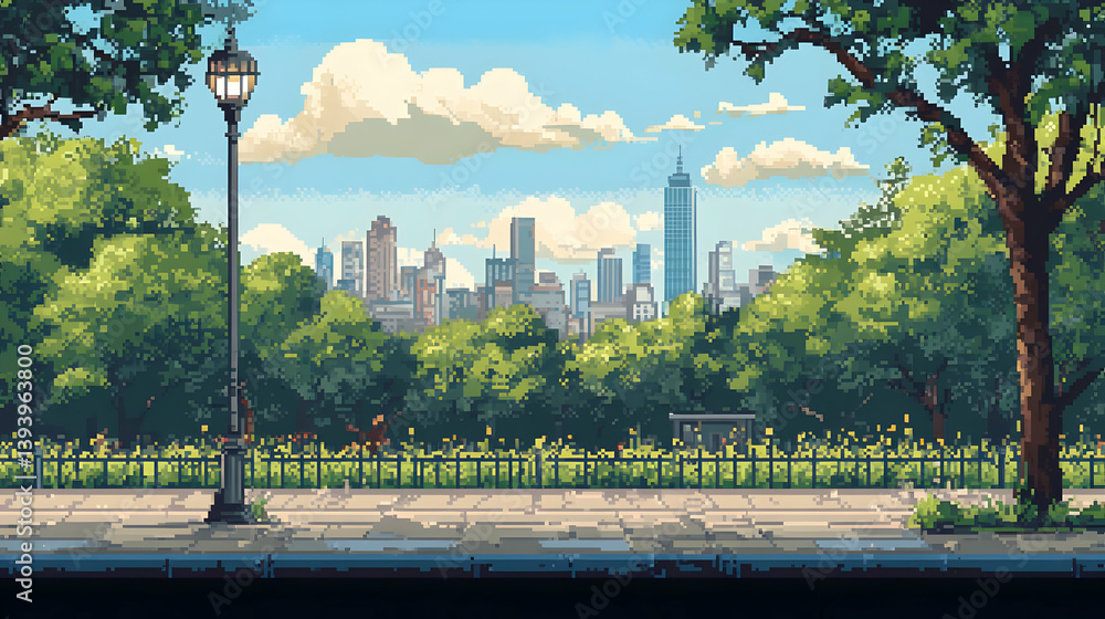 Fototapeta premium Pixel Art Cityscape View From Green Park With Tall Buildings Under Blue Sky During Day Time