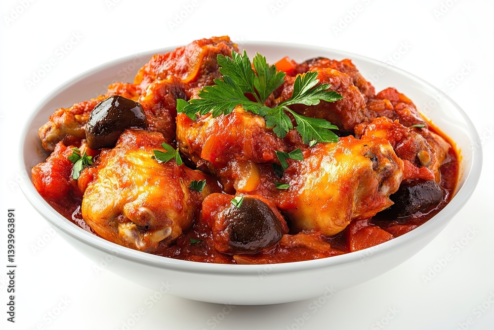 A realistic photo of Slow-Cooked Chicken Cacciatore, hyper-realistic, isolated on white A realistic photo of Slow-Cooked Chicken Cacciatore, hyper-realistic, isolated on white