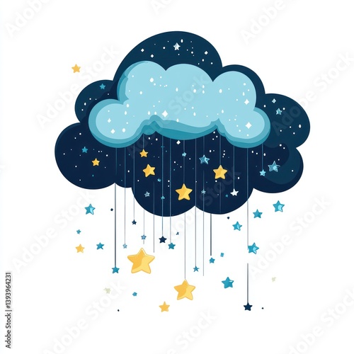 Cute cartoon cloud with falling stars at night