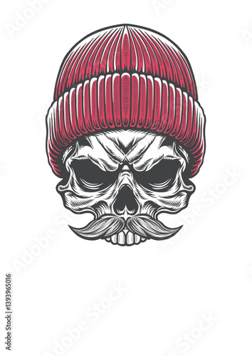 Vintage skull with thick mustache & vintage beanie hat 40B