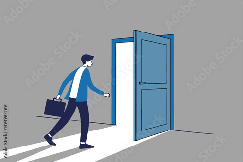 Open the door to find new opportunity, new job or get out of comfort zone, hope to find success, way to exit, escape to bright future concept, businessman open the door to see bright light coming in.