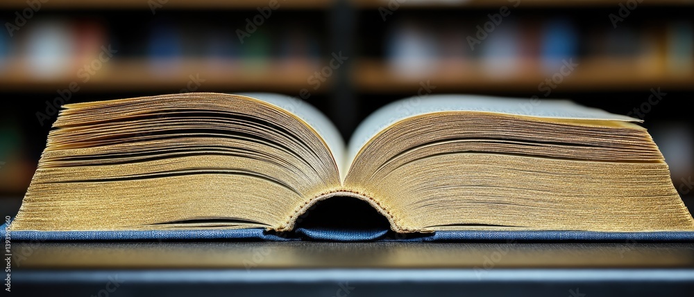 Fototapeta premium Open book on a table in a library setting