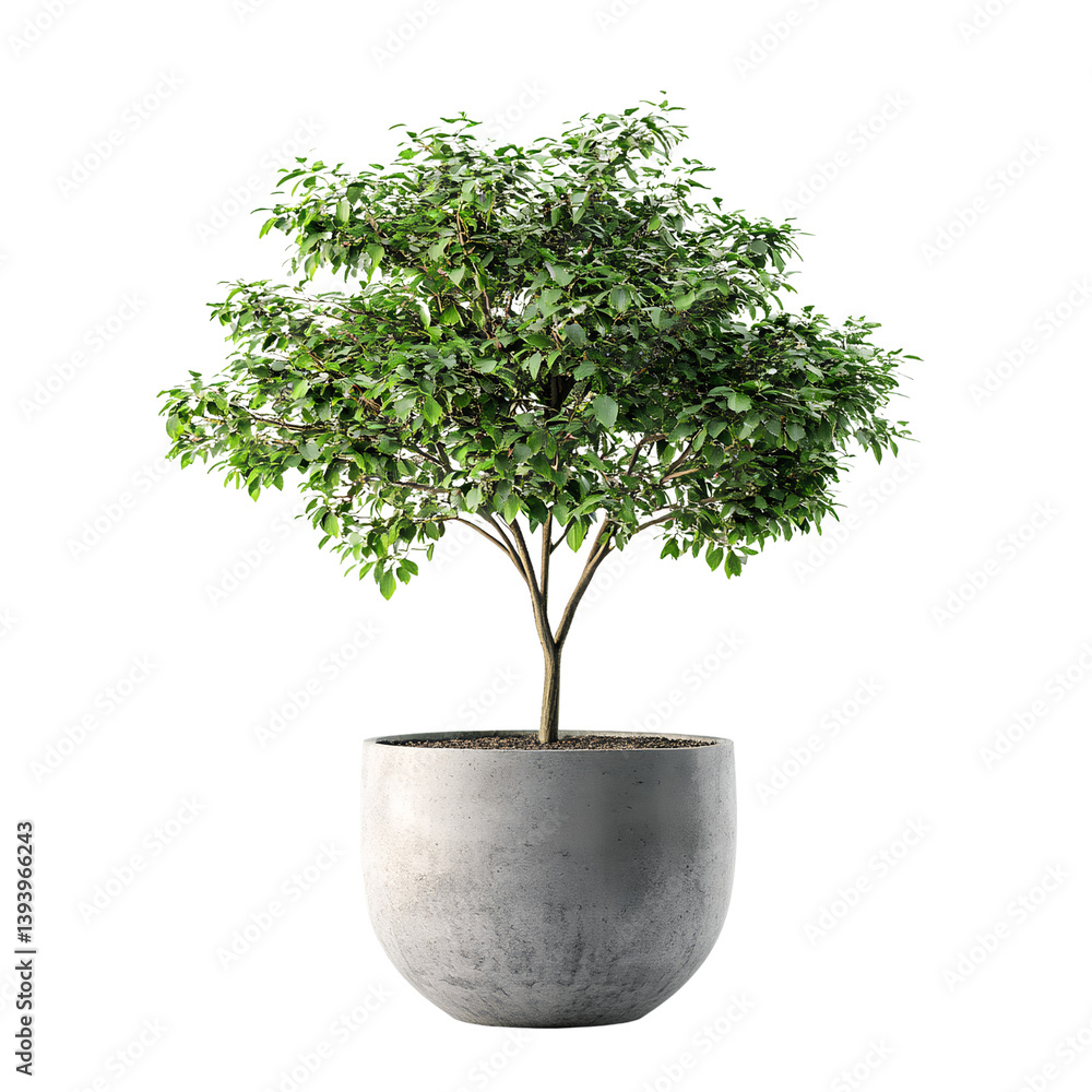 Obraz premium A lush green tree potted in an oval pot with smooth gray concrete texture, template background PNG 