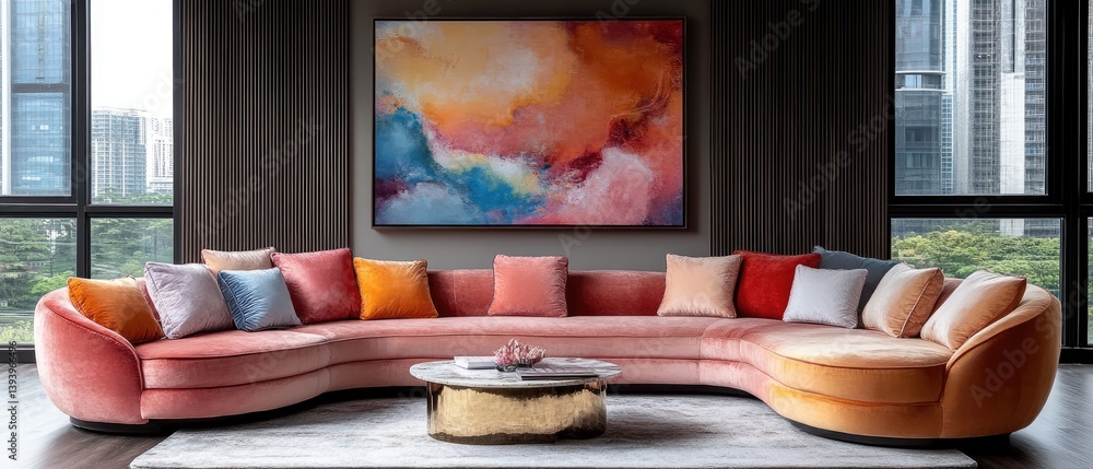 Modern, colorful curved sectional sofa in a stylish living room Modern, colorful curved sectional sofa in a stylish living room