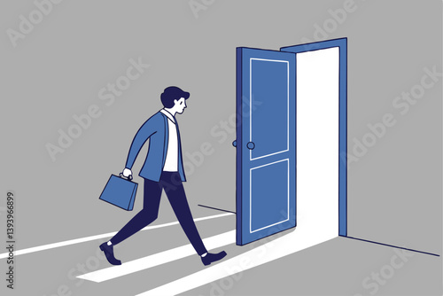 Open the door to find new opportunity, new job or get out of comfort zone, hope to find success, way to exit, escape to bright future concept, businessman open the door to see bright light coming in.
