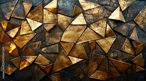 A textured abstract design featuring triangular metallic shapes in gold and dark tones.
