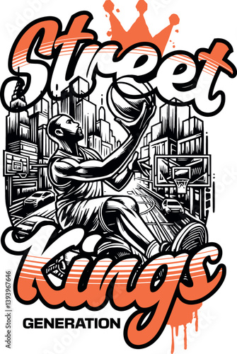 Energetic illustration of a street basketball player making a slam dunk, set against an urban city backdrop with the bold text Street Kings Generation. The design uses a high-contrast black and white