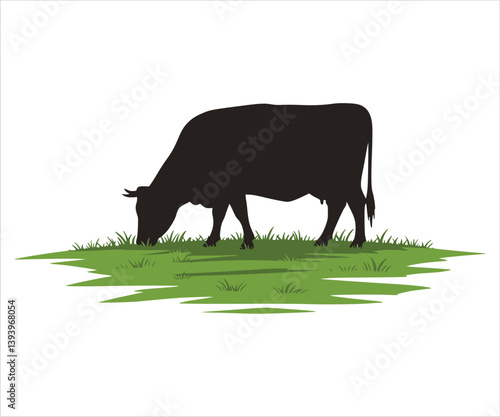 Cow silhouette vector art, showing a cow peacefully grazing in a meadow. This design serves as an icon for dairy farm cows, representing beef cattle in a farmer's isolated illustration.