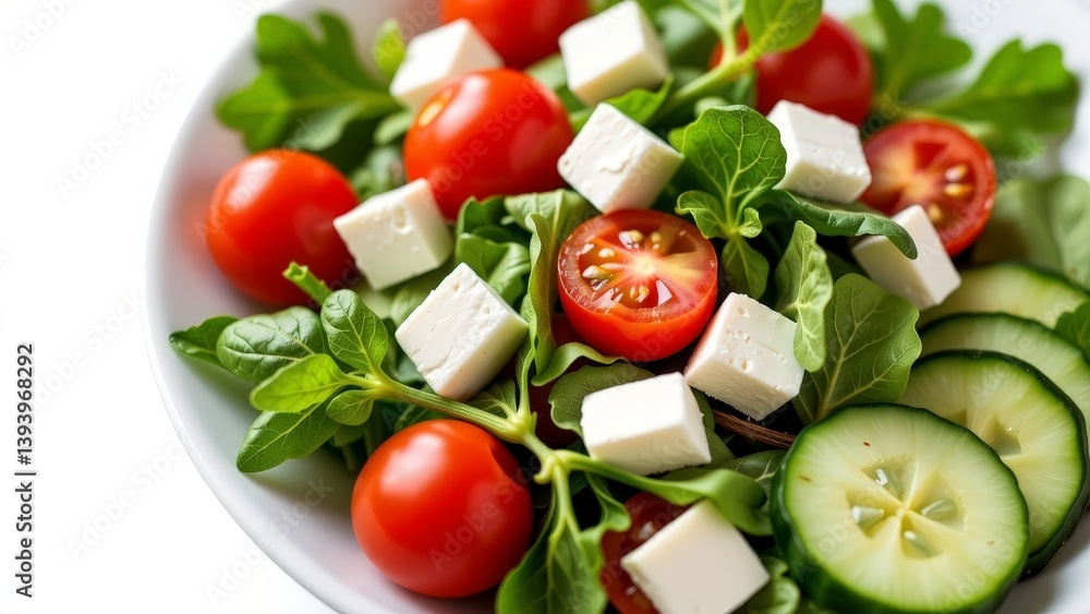 Fresh Green Salad with Cherry Tomatoes, Cucumber, and White Cheese Cubes
