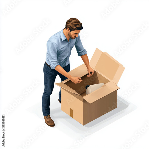 Man Carefully Examining Items in Cardboard Box: A Realistic Illustration