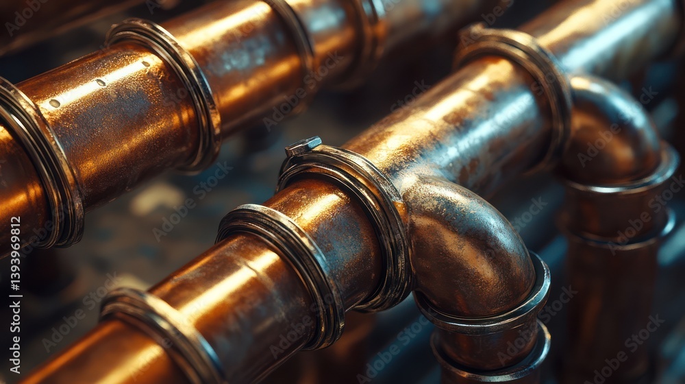 Copper pipes, industrial plant, close-up, background blurred, plumbing Copper pipes, industrial plant, close-up, background blurred, plumbing