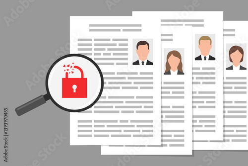 Files with personal data, and magnifier with icon of broken padlock