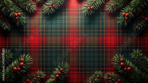 A festive arrangement featuring a red and green plaid background with pine branches and berries.