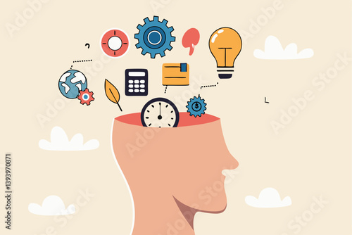Learn new skills, knowledge or ability to work achieve success, new idea, training or study new skills, upskill or smart thinking, human head brain with skills symbol, creativity, time management.