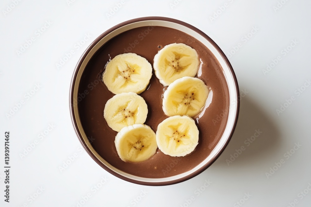 A bowl of chocolate pudding topped with banana slices A bowl of chocolate pudding topped with banana slices