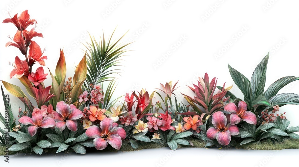Fototapeta premium Tropical flowers arrangement, studio, white background, website design