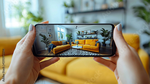 Woman uses phone to view virtual living room tour