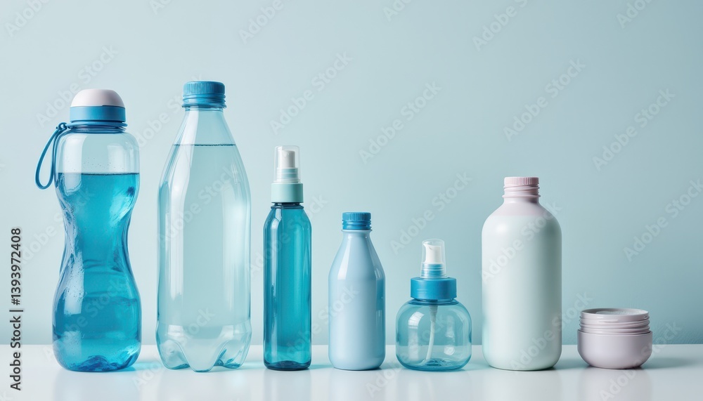 Bottles of various shapes and sizes against a light blue background.