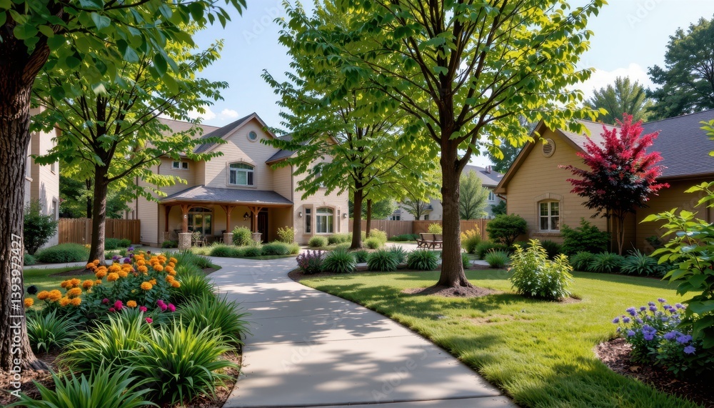 Charming homes lined by lush trees and vibrant gardens along a peaceful pathway. Charming homes lined by lush trees and vibrant gardens along a peaceful pathway.