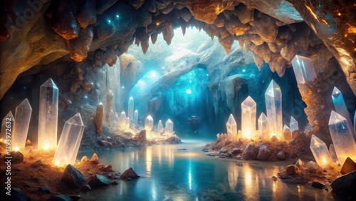 Exploration of a cave with glittering crystals and ancient ruins
