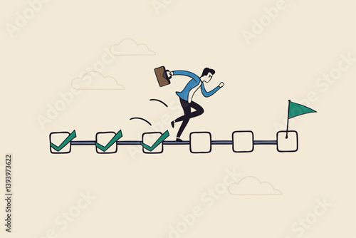 Project management, task tracking or work progress, tracking finish or completed tasks, planning or productivity concept, businessman project manager running on completed checkbox to reach goal.