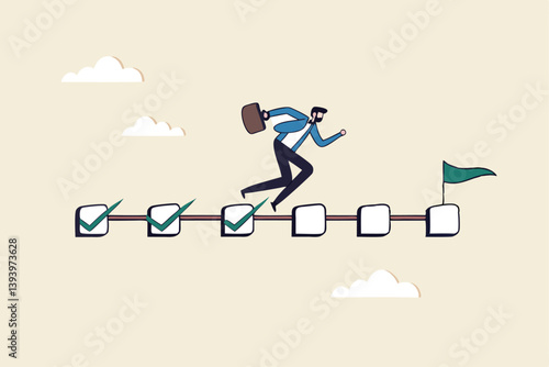 Project management, task tracking or work progress, tracking finish or completed tasks, planning or productivity concept, businessman project manager running on completed checkbox to reach goal.