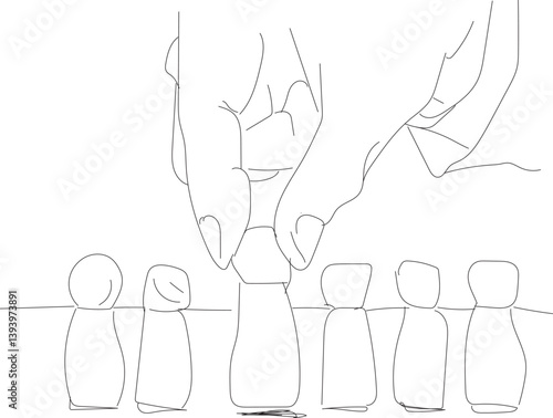 vector pencil scribbles hand businessman is MINIATURE OF WOODEN MAN TO BECOME A PROSPECTIVE EMPLOYEE