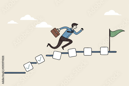 Project management, task tracking or work progress, tracking finish or completed tasks, planning or productivity concept, businessman project manager running on completed checkbox to reach goal.