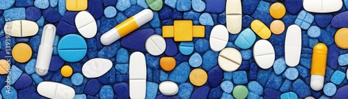 Colorful assortment of pills and capsules scattered on a blue background, showcasing various shapes and sizes for health and wellness concepts