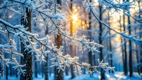 Wallpaper Mural Frozen tree branches with icy crystals and snowflakes in a dense forest background, winter scenery, frozen Torontodigital.ca