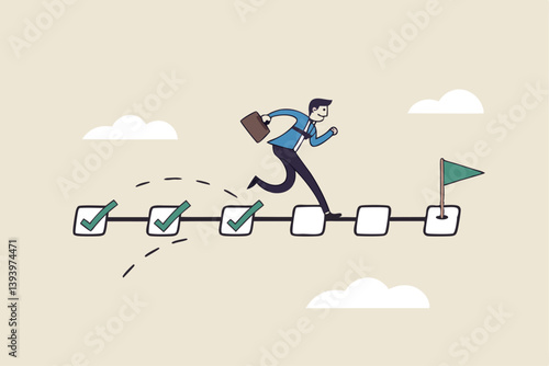 Project management, task tracking or work progress, tracking finish or completed tasks, planning or productivity concept, businessman project manager running on completed checkbox to reach goal.