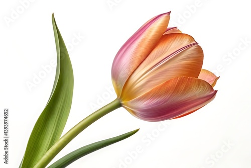 Tulip with petals blending pink, orange, and yellow shades, alongside its green stem and leaves. It represents beauty, elegance, and the arrival of spring, often symbolizing love, renewal, or fresh be