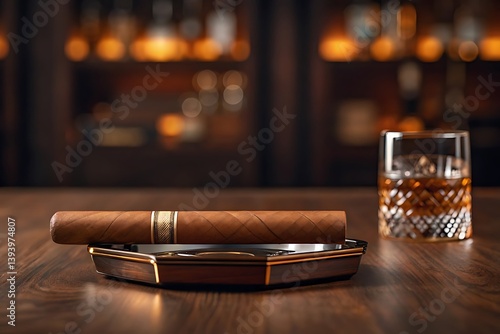 Cigar in a gold-accented ashtray beside whiskey on ice, symbolizing luxury and sophistication.