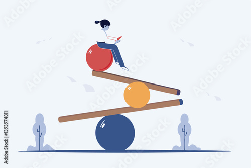 Work life balance, equality or weight between working for money and life happiness, health, success and healthy lifestyle concept, woman working with computer laptop while balance on equilibrium.