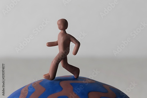 A clay figure walking on a blue globe, symbolizing global connection and exploration.Earth day
