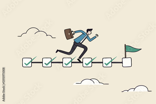 Project management, task tracking or work progress, tracking finish or completed tasks, planning or productivity concept, businessman project manager running on completed checkbox to reach goal.
