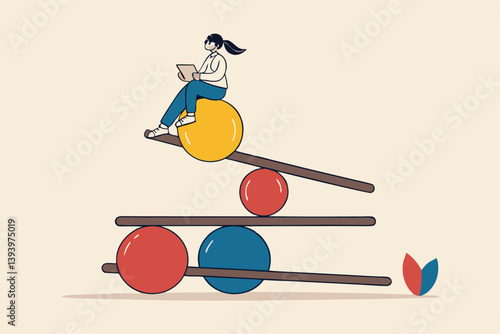 Work life balance, equality or weight between working for money and life happiness, health, success and healthy lifestyle concept, woman working with computer laptop while balance on equilibrium.