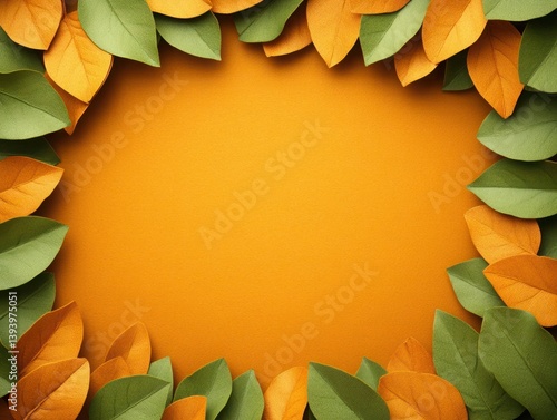 Vibrant Autumn Leaves in Shades of Green and Orange Framing a Warm Orange Background for Seasonal Designs and Creative Projects