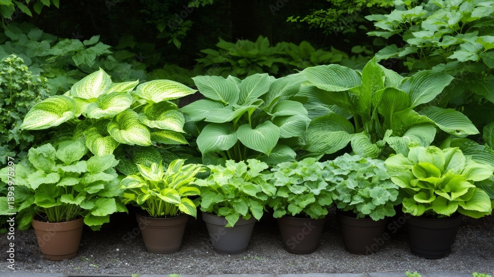 Gardener growing hostas and other plants in pots in a garden center Gardener growing hostas and other plants in pots in a garden center