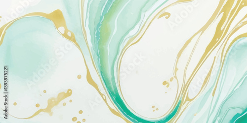 Abstract Watercolor Texture with Soft Blended Aquamarine and Pastel Green, Flowing Golden Veins Running Throughout, and a Liquid Marbled Paper Finish, Ideal for High-End Artistic Creations