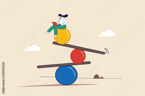Work life balance, equality or weight between working for money and life happiness, health, success and healthy lifestyle concept, woman working with computer laptop while balance on equilibrium.