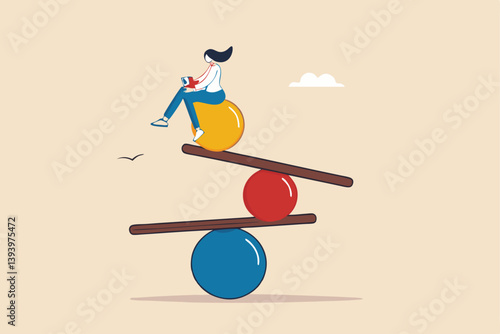 Work life balance, equality or weight between working for money and life happiness, health, success and healthy lifestyle concept, woman working with computer laptop while balance on equilibrium.